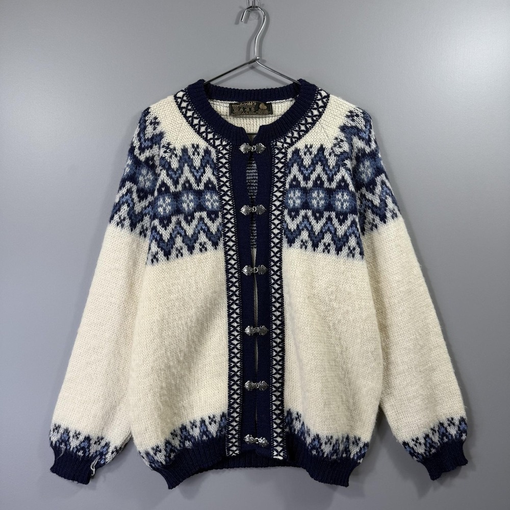 Nordstrikk Sweater Womens Large White Blue Fair Isle Wool Cardigan Norway Knit